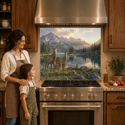 Heat-resistant glass kitchen panel with a deer family design protecting the wall behind an induction cooktop.