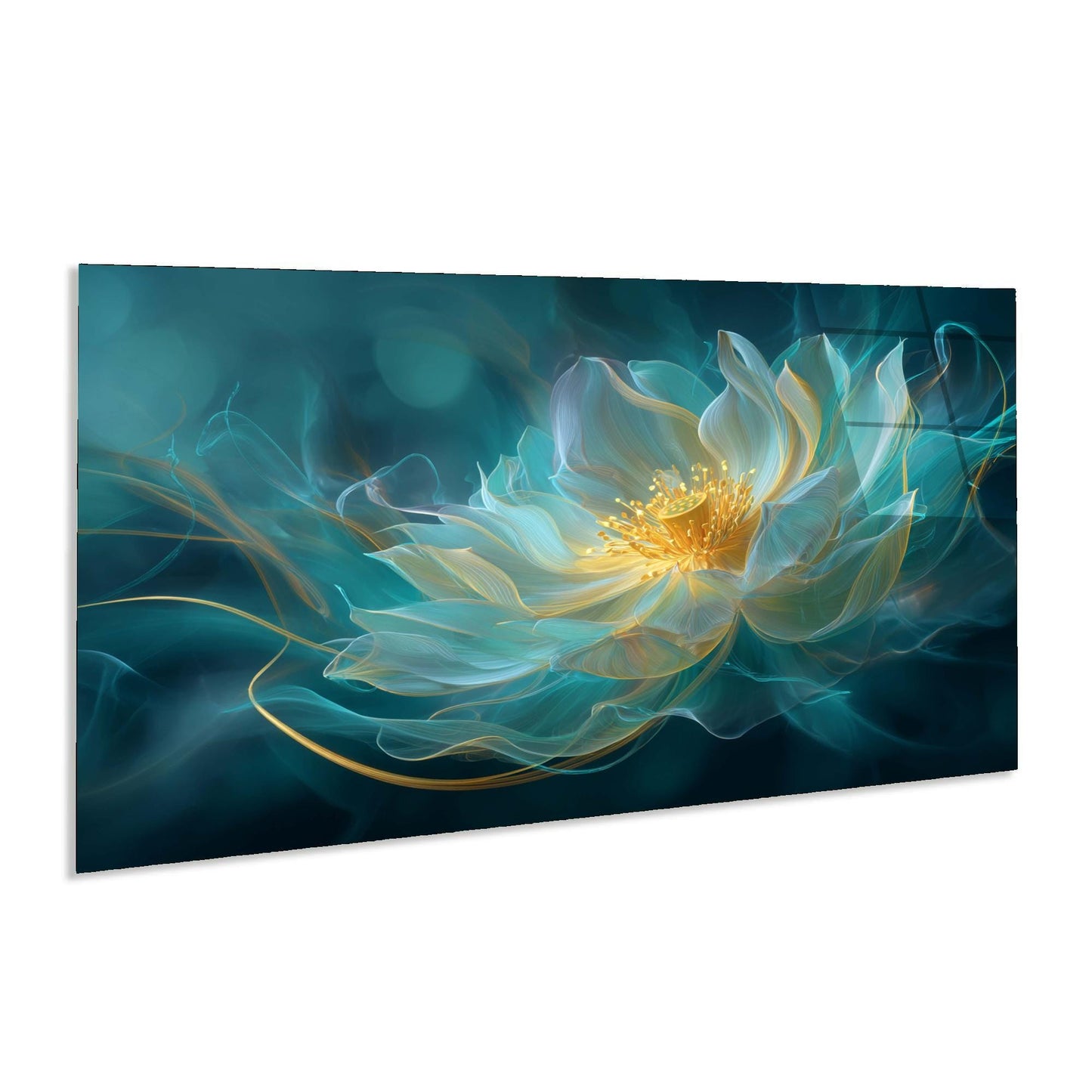 Framed artwork of a lotus flower with a blue and green gradient background