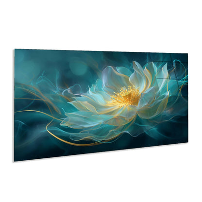 Framed artwork of a lotus flower with a blue and green gradient background
