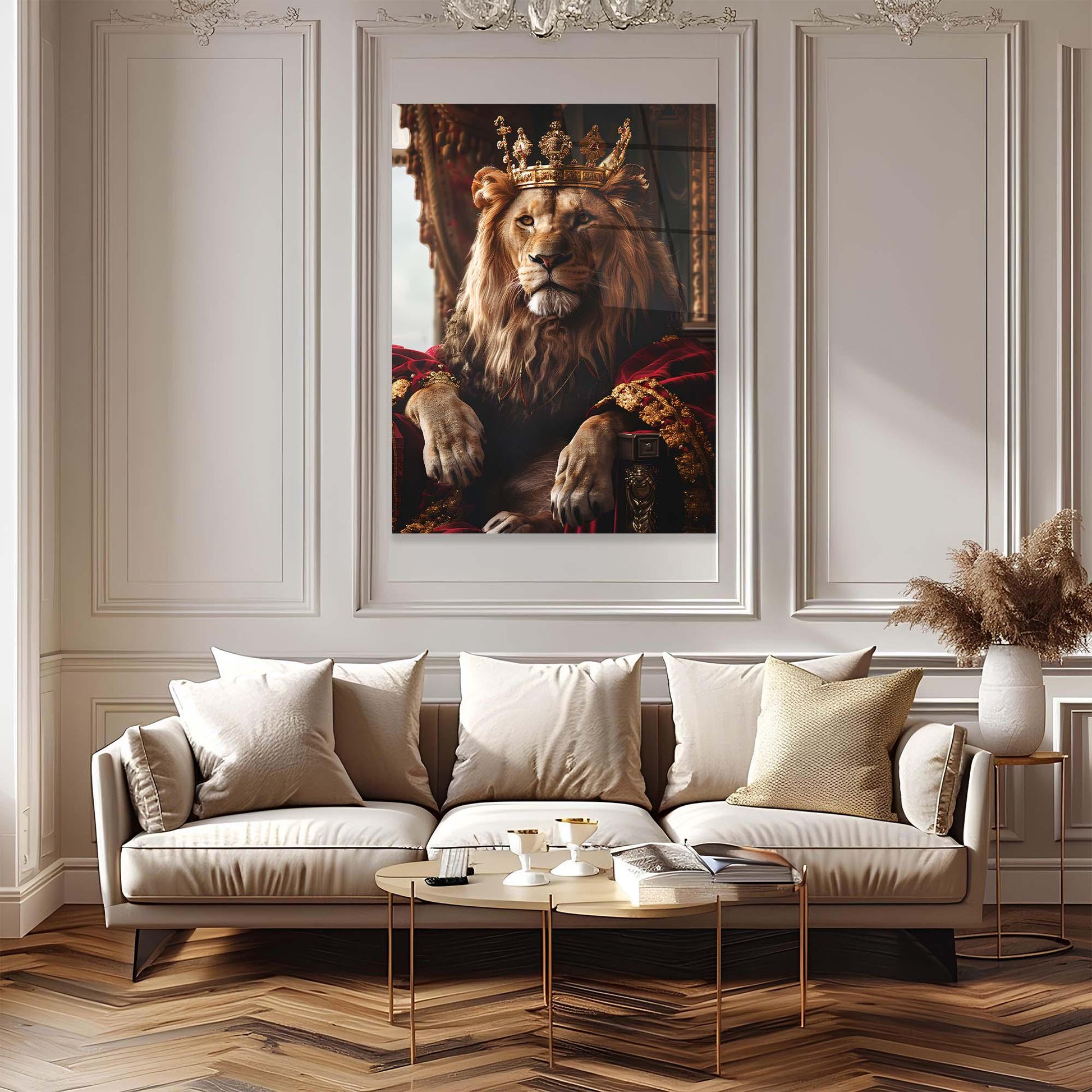 Living room with a large framed painting of a lion on the wall above a beige sofa.