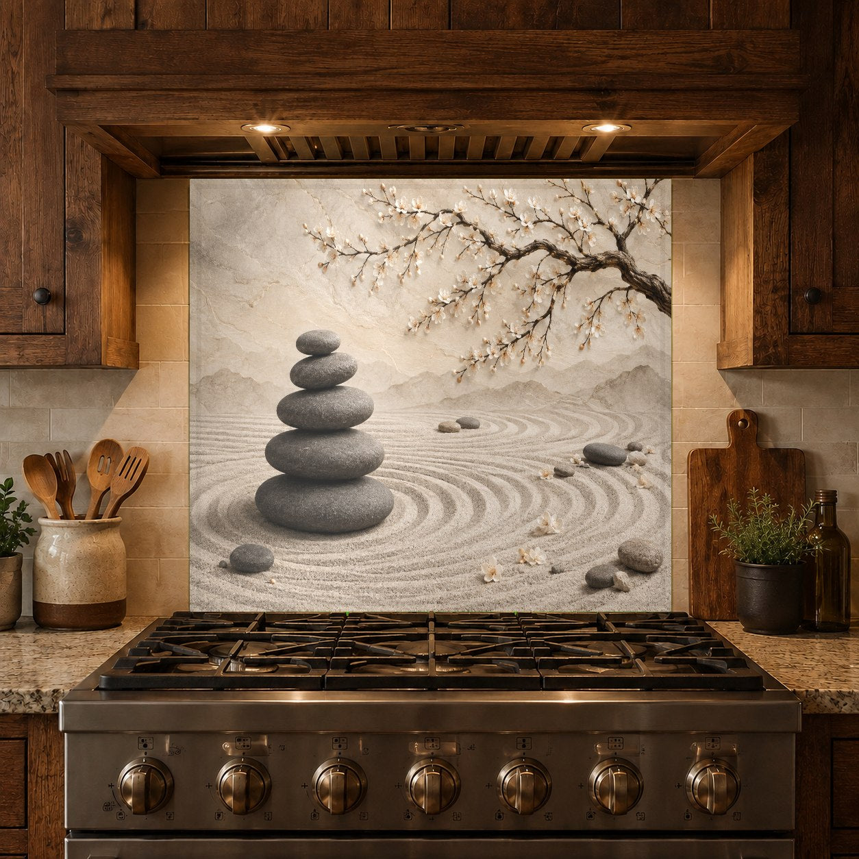 Durable and seamless glass backsplash with Zen Blossom design mounted on a kitchen wall behind a cooktop.