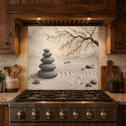 Durable and seamless glass backsplash with Zen Blossom design mounted on a kitchen wall behind a cooktop.