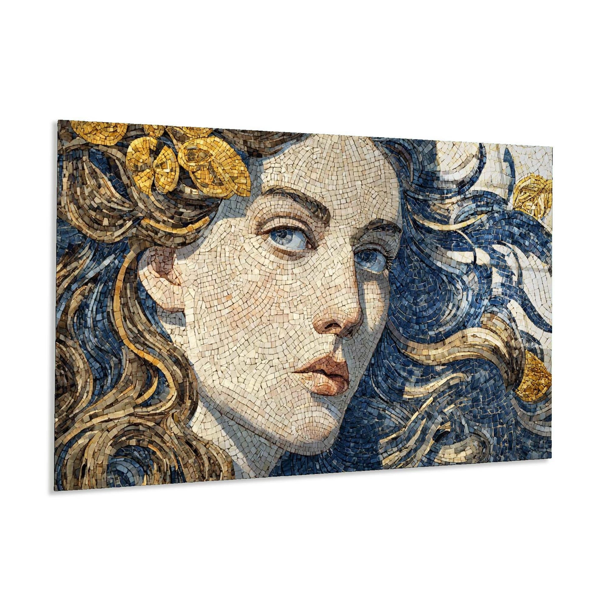 Mosaic art of a classical woman's face with gold and blue tones on a white background