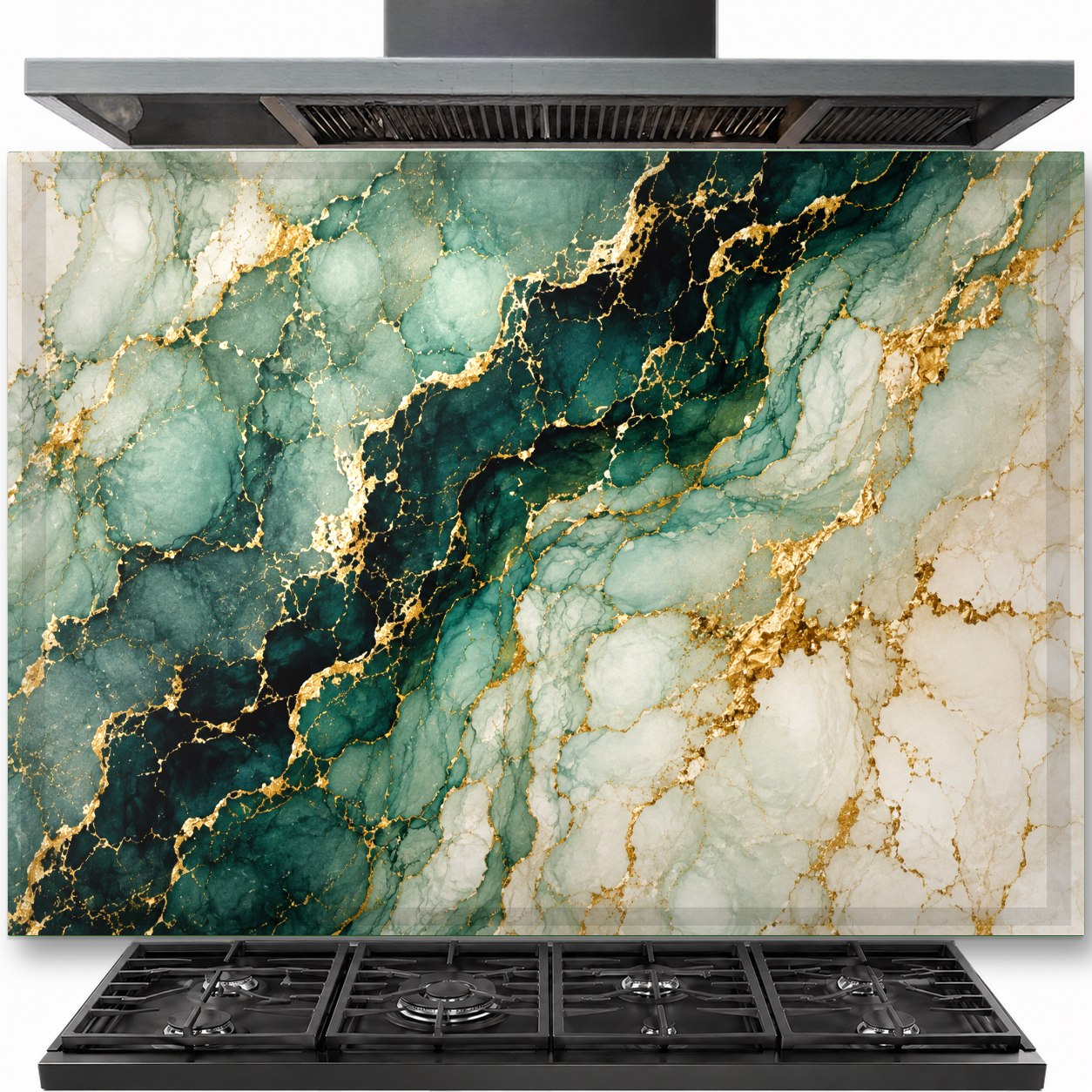 Emerald green marble glass backsplash installed behind a modern gas stove in a luxury kitchen.