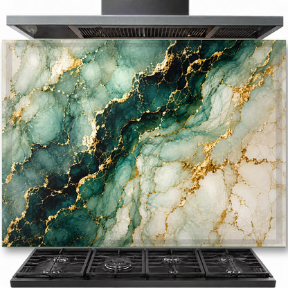 Emerald green marble glass backsplash installed behind a modern gas stove in a luxury kitchen.