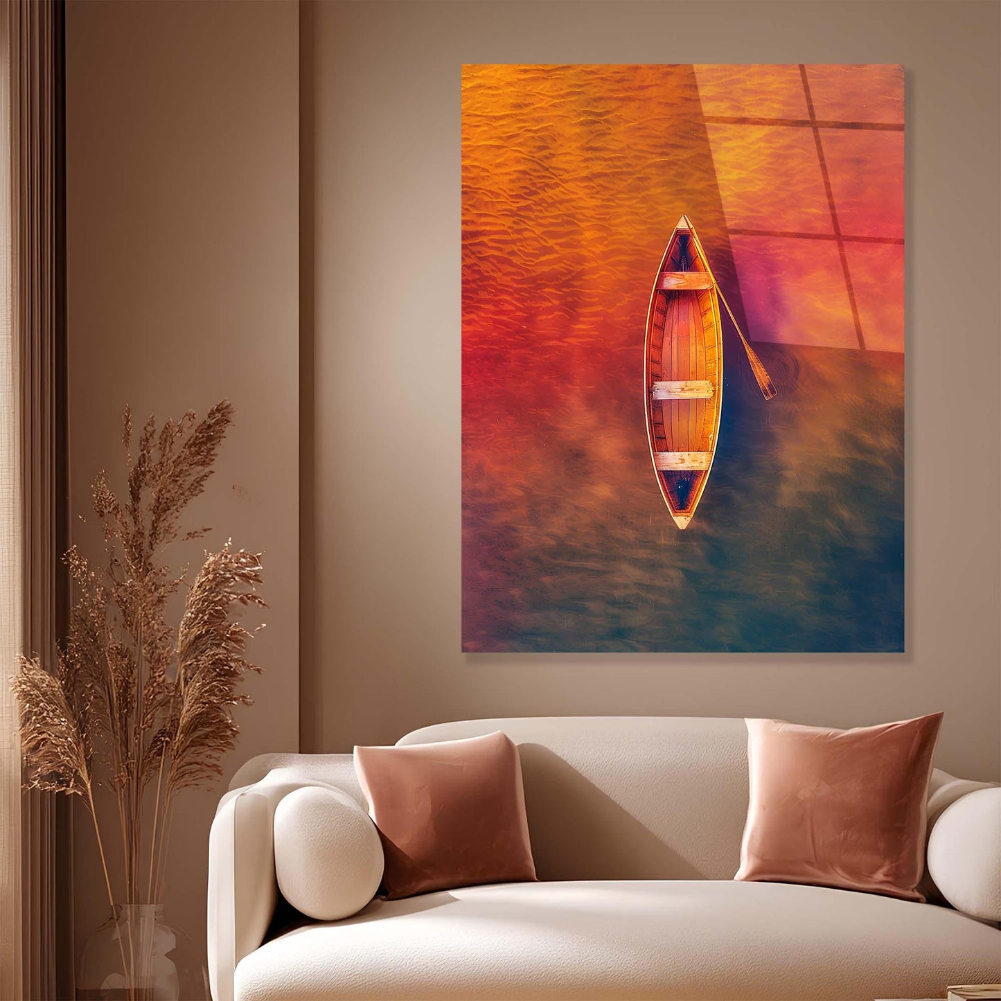 Framed artwork of a boat on water in a living room setting