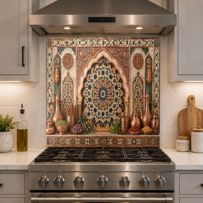 Close-up of metallic copper tile glass backsplash showing high-gloss finish
