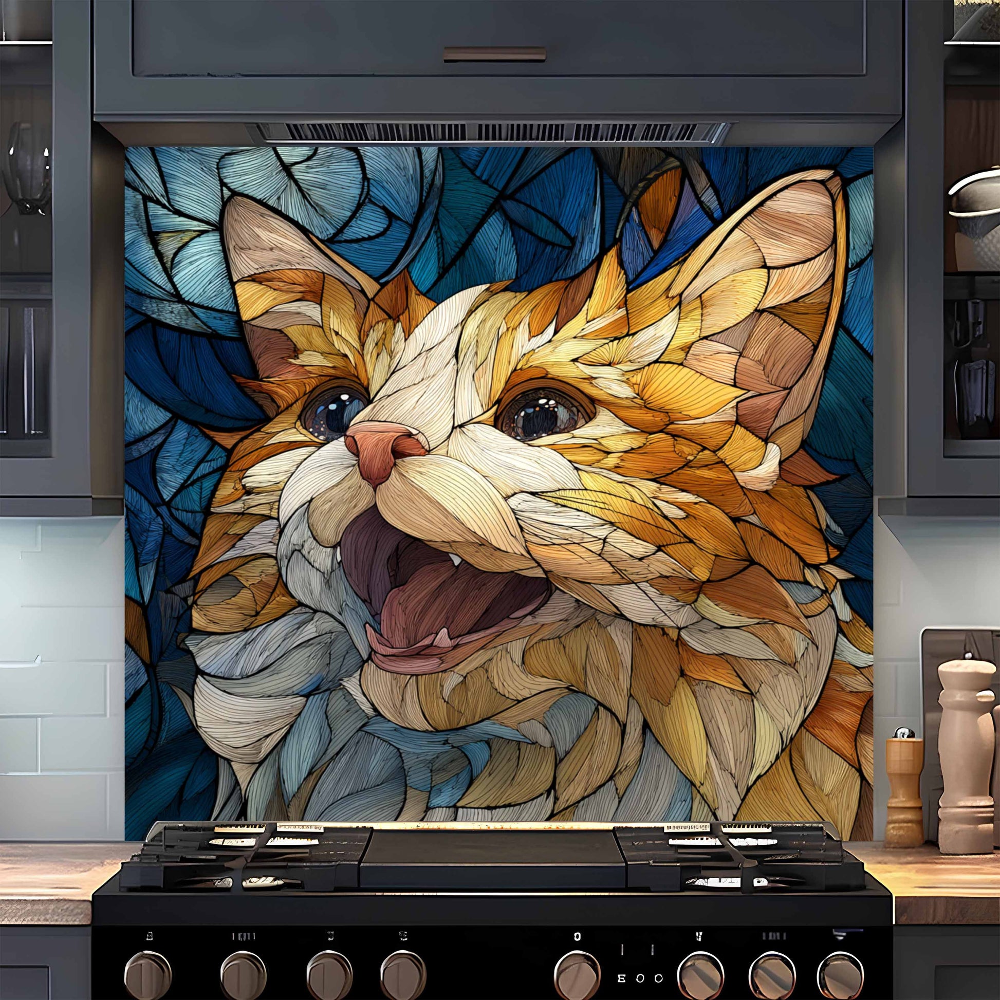 Stylized cat mosaic glass backsplash on a kitchen wall above a stove
