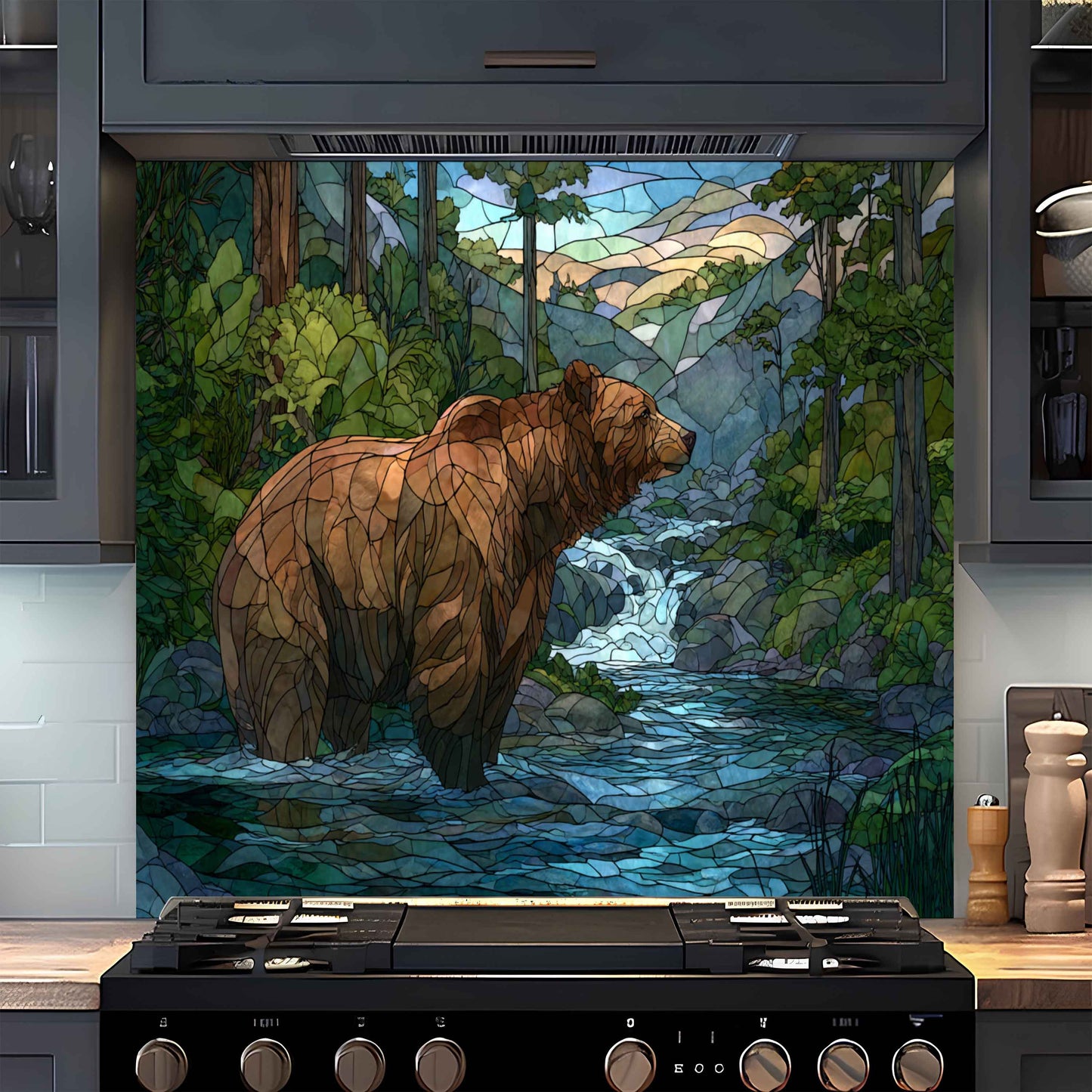 Stylized bear in a forest scene on a kitchen backsplash