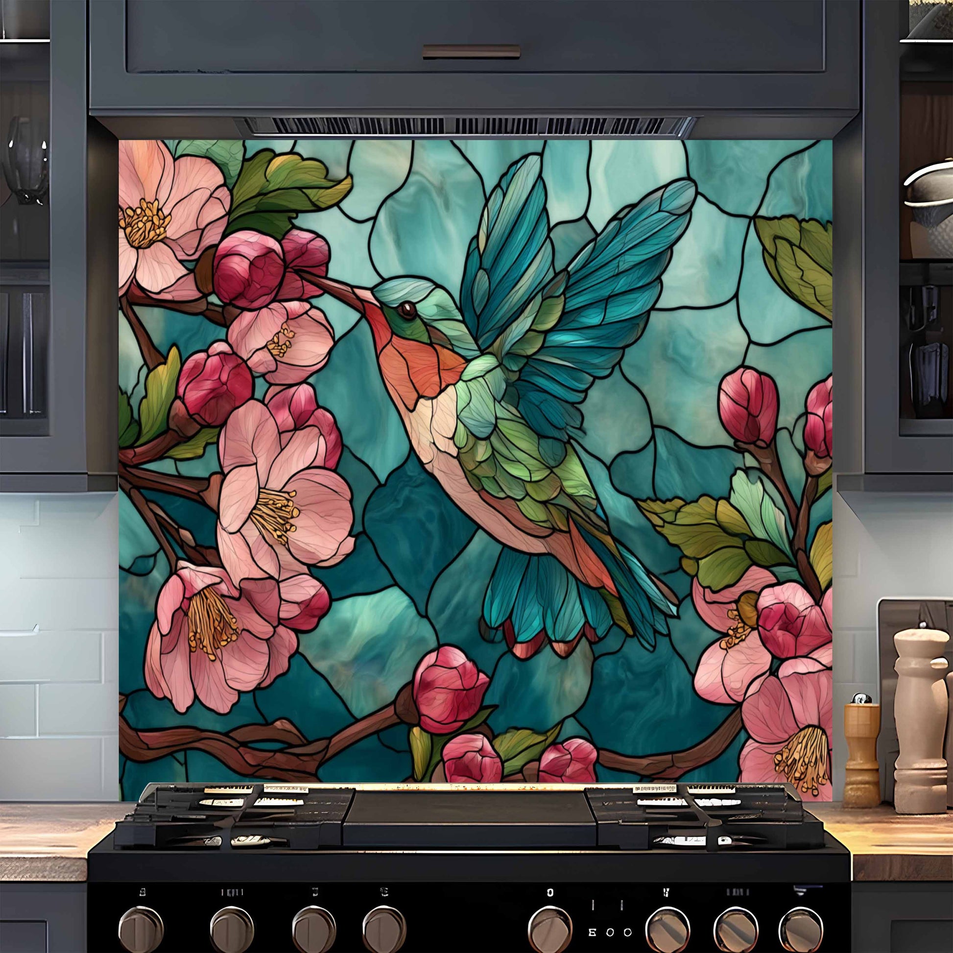 Decorative backsplash with stained glass-style design of a hummingbird and flowers in a kitchen.