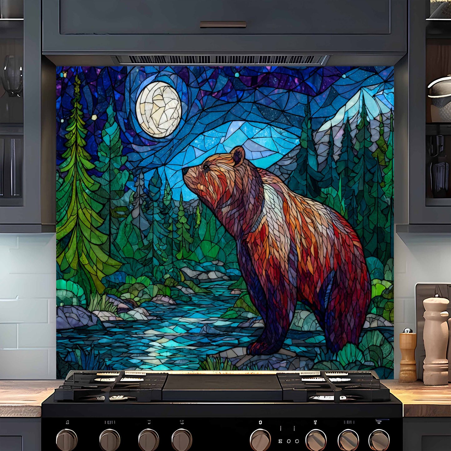 Stylized bear in a forest scene with a moonlit sky on a kitchen backsplash.