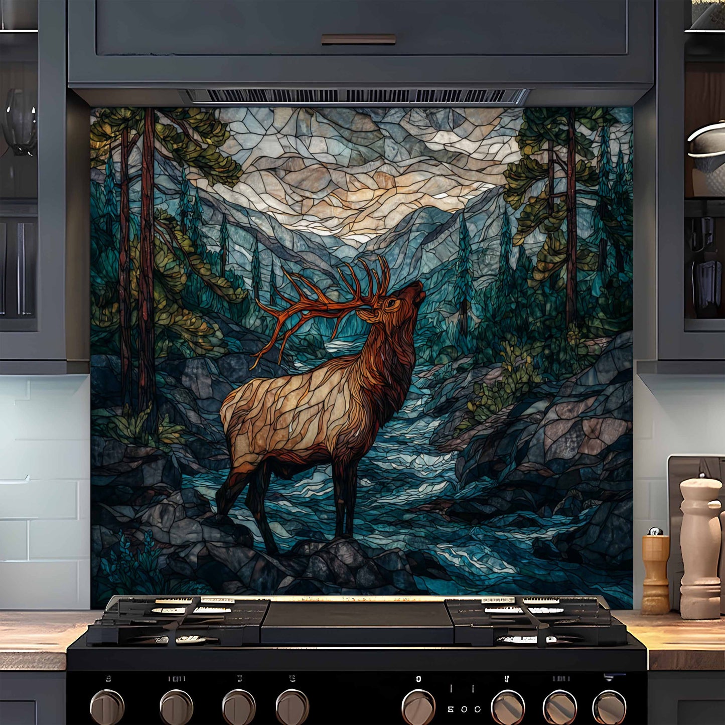 Decorative splashback  of a stag in a forest scene above a stove in a kitchen.
