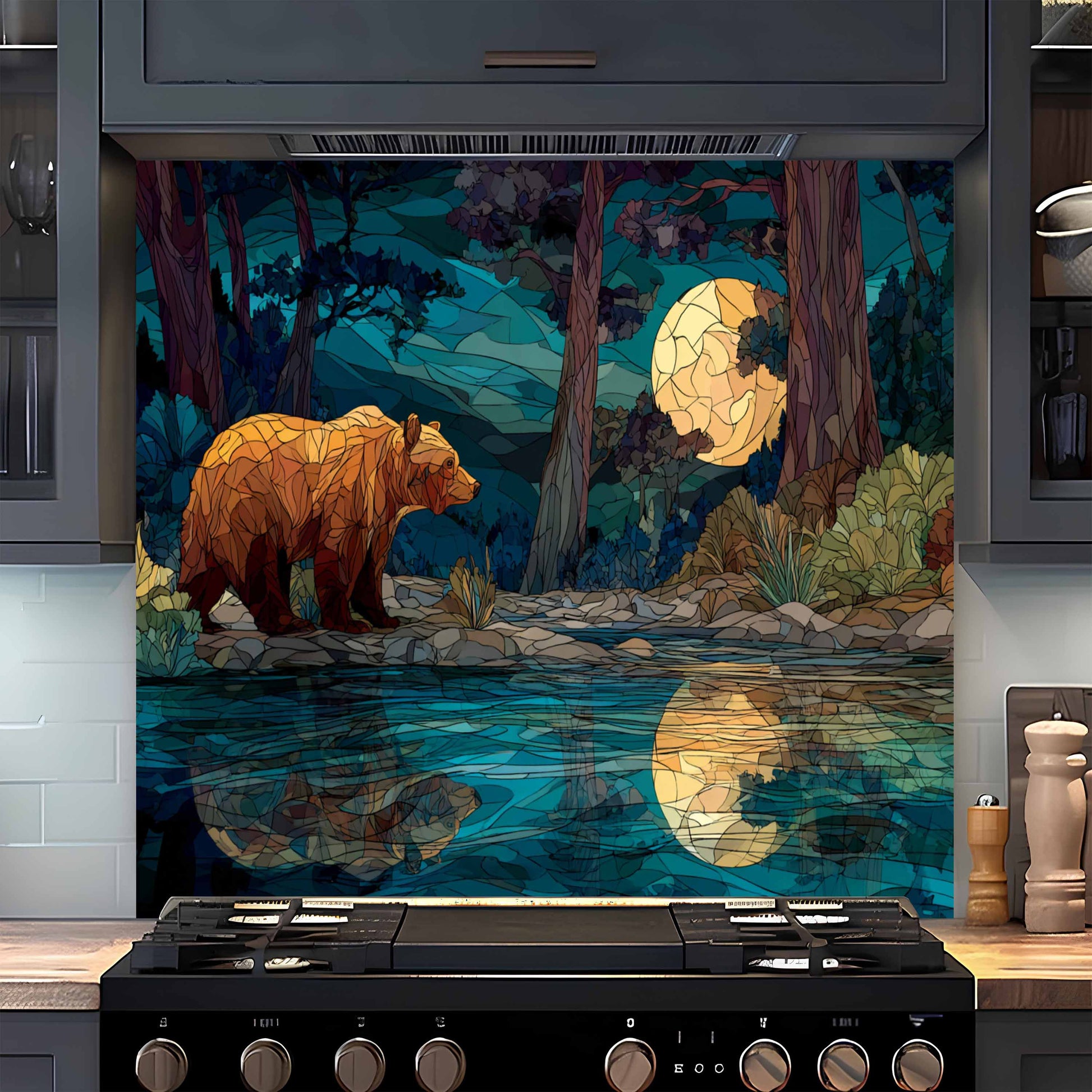 Stylized bear scene on a kitchen backsplash with a bear standing by a stream under a moonlit sky.