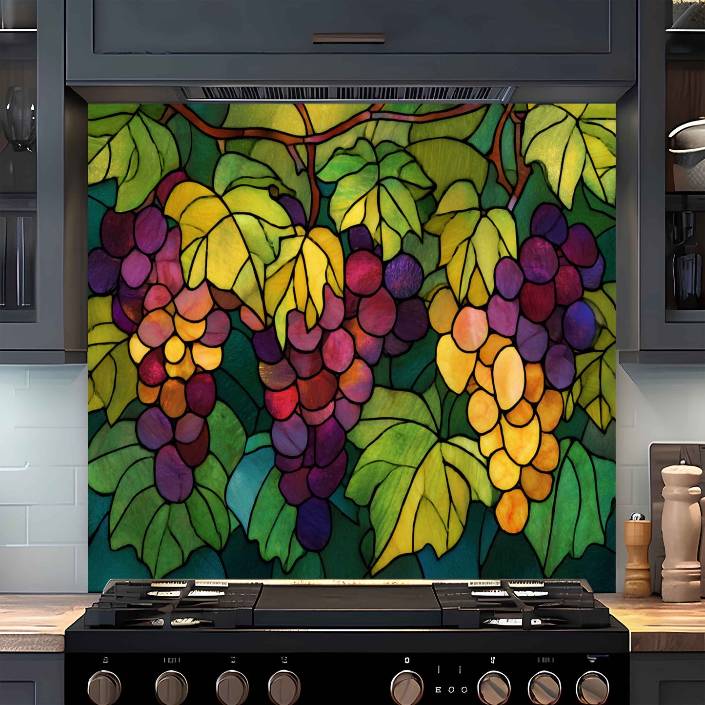 Colorful stained glass-style backsplash of grapes on a kitchen wall above a stove.