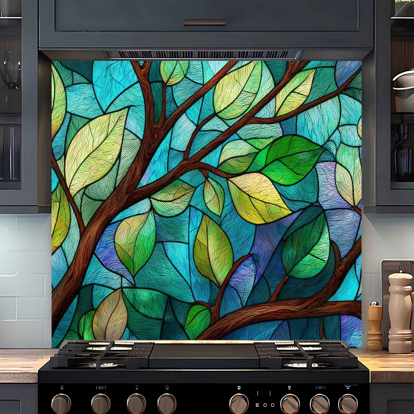 Stylized stained glass backsplash on a kitchen wall above a stove