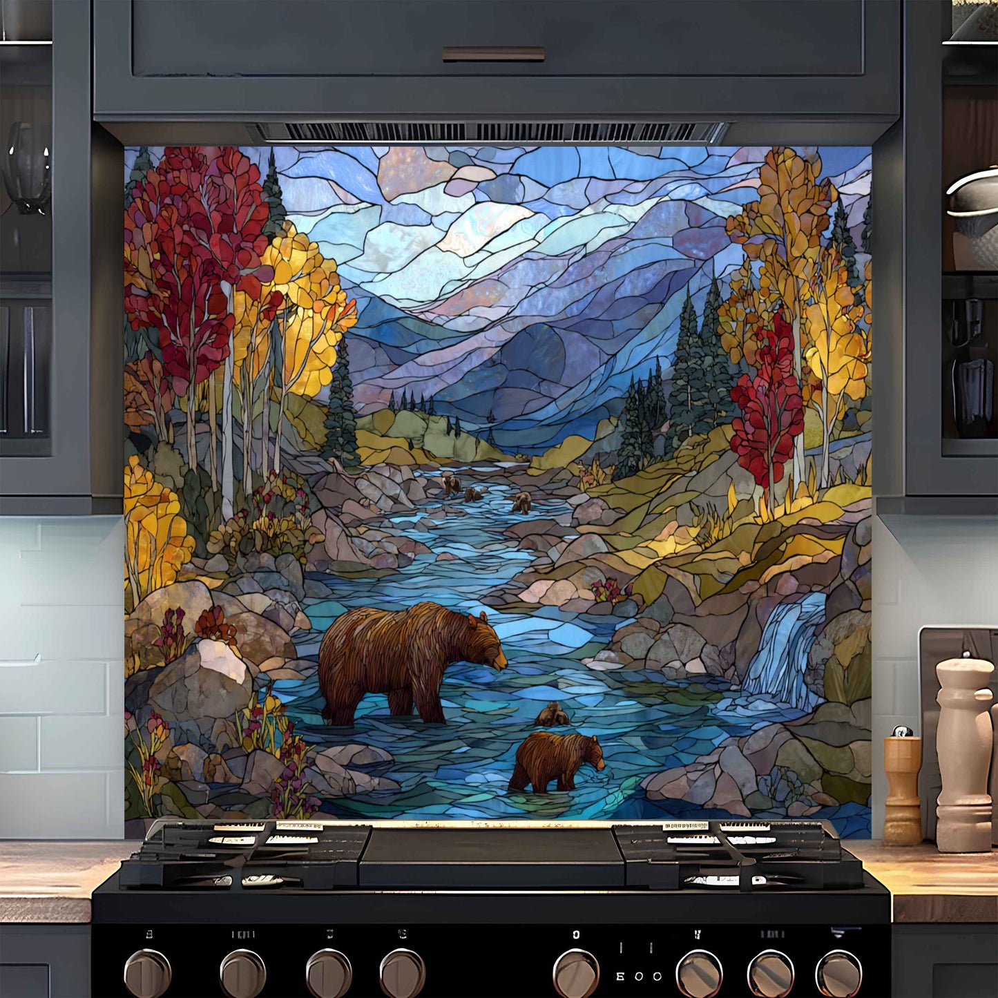 Stylized landscape with bears and a river on a kitchen backsplash