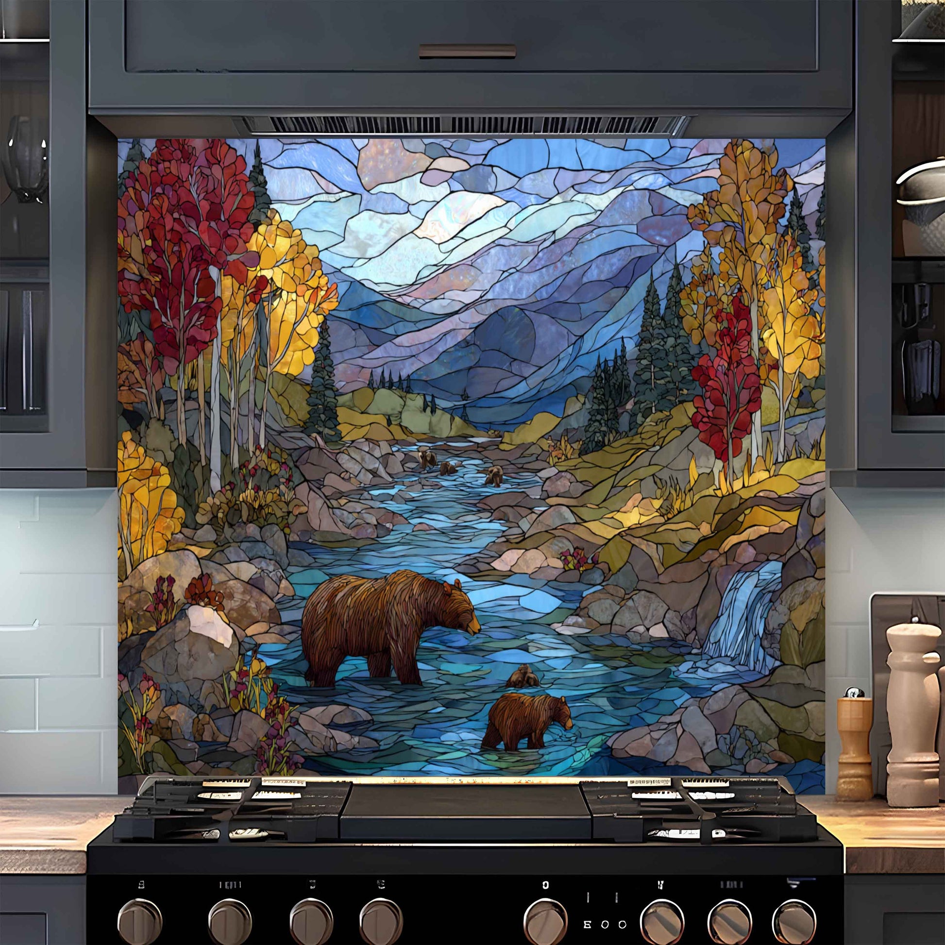Stylized landscape with bears and a river on a kitchen backsplash