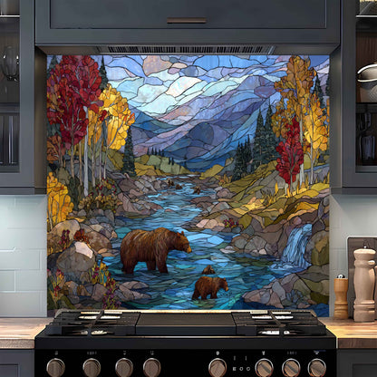 Stylized landscape with bears and a river on a kitchen backsplash