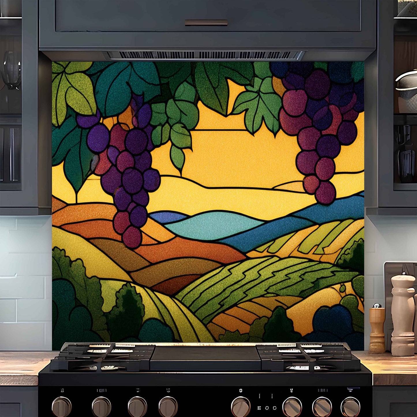 Decorative backsplash with stylized landscape and grapes above a stove in a kitchen.
