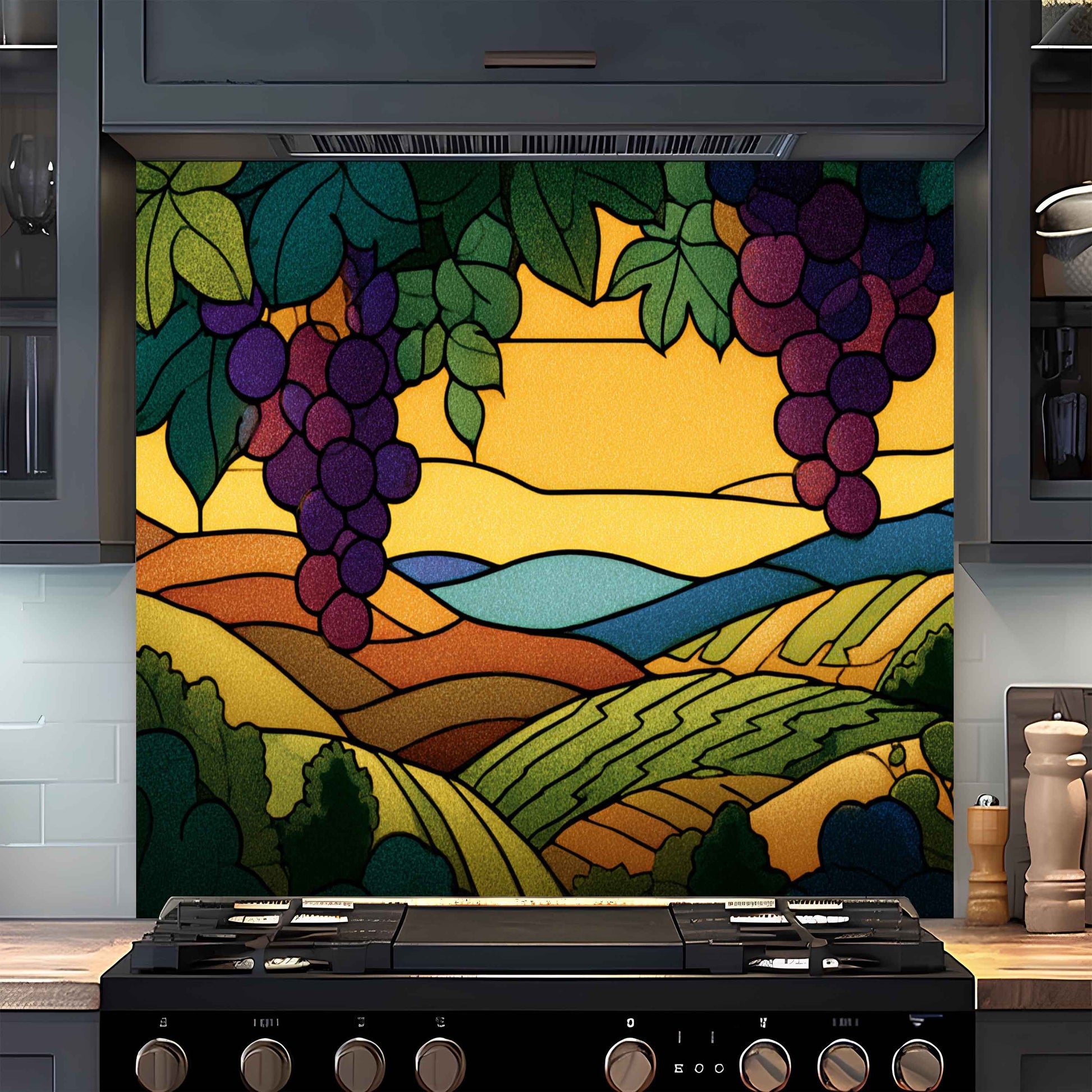 Decorative backsplash with stylized landscape and grapes above a stove in a kitchen.