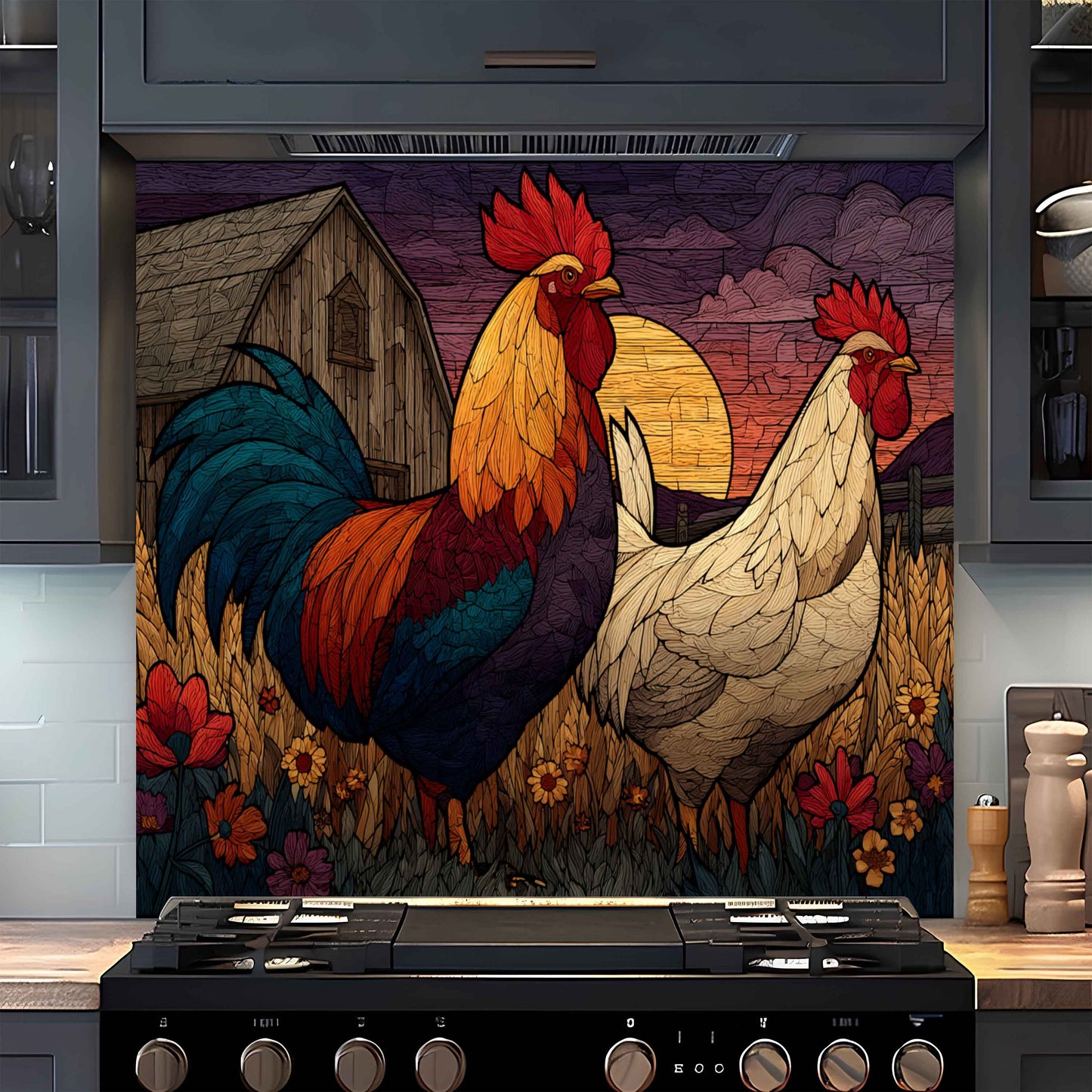 Decorative backsplash with rooster and hen design in a kitchen setting