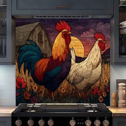 Decorative backsplash with rooster and hen design in a kitchen setting