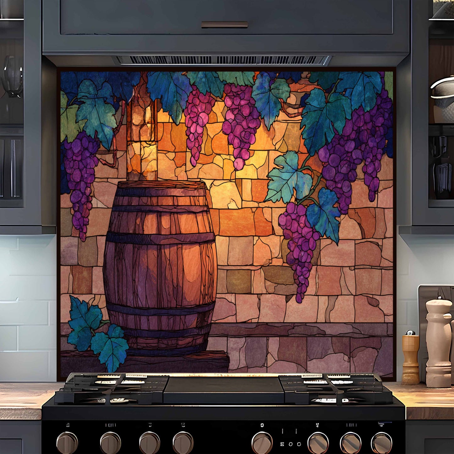 Decorative backsplash with stained glass design of grapes and a barrel in a kitchen.