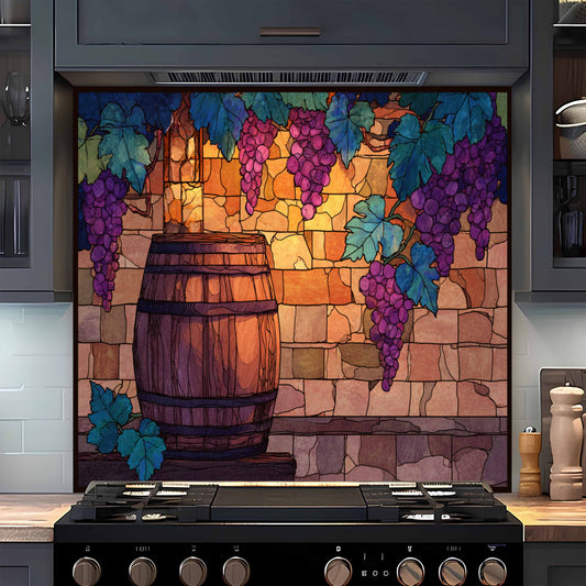 Decorative backsplash with stained glass design of grapes and a barrel in a kitchen.