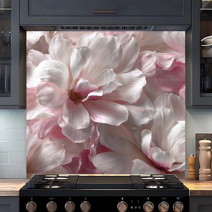 Kitchen with a decorative glass backsplash featuring pink flowers