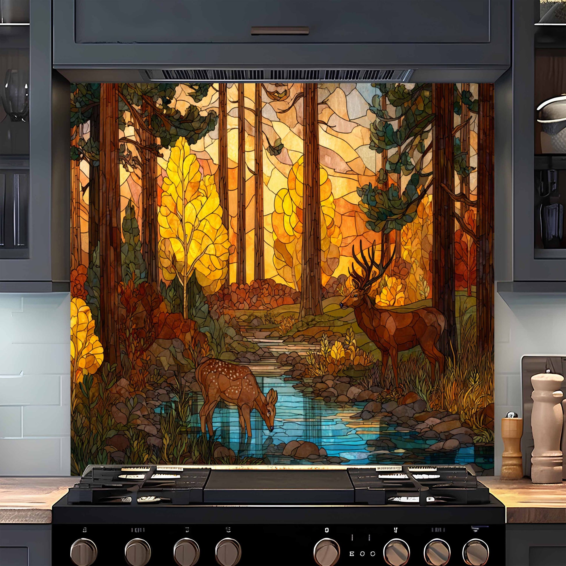 Stylized forest scene with deer on a kitchen backsplash above a stove.