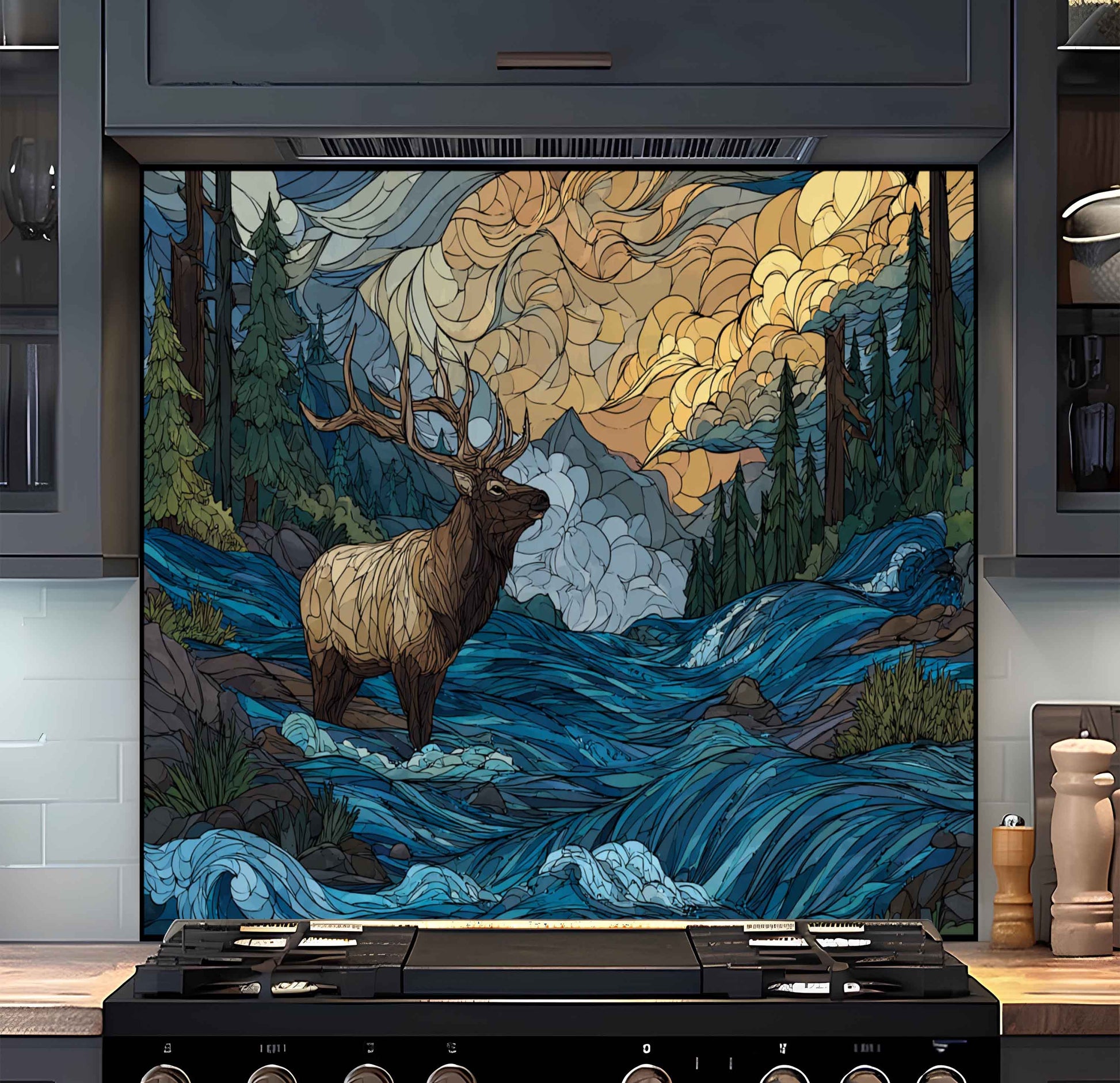 Decorative backsplash with an elk and mountain design in a kitchen.