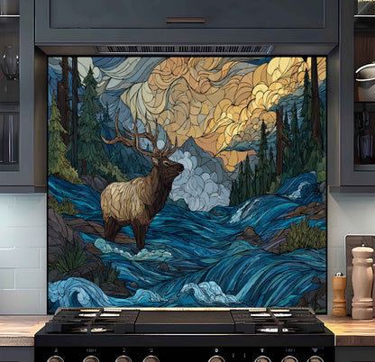 Decorative backsplash with an elk and mountain design in a kitchen.