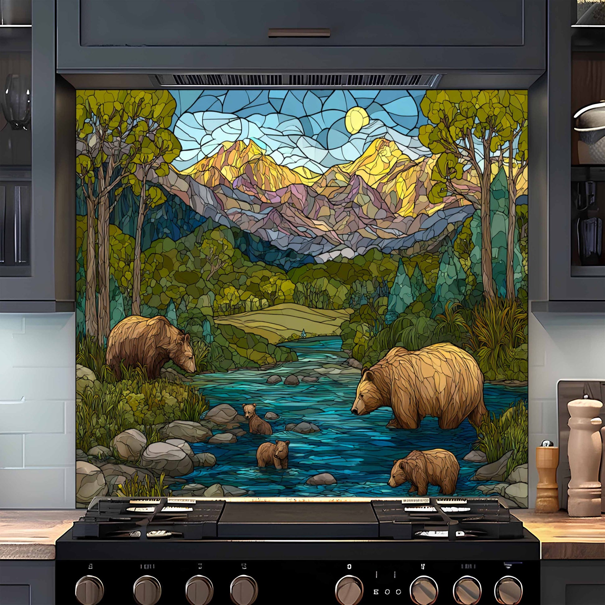 Stylized mountain scene with bears and a river on a kitchen backsplash.