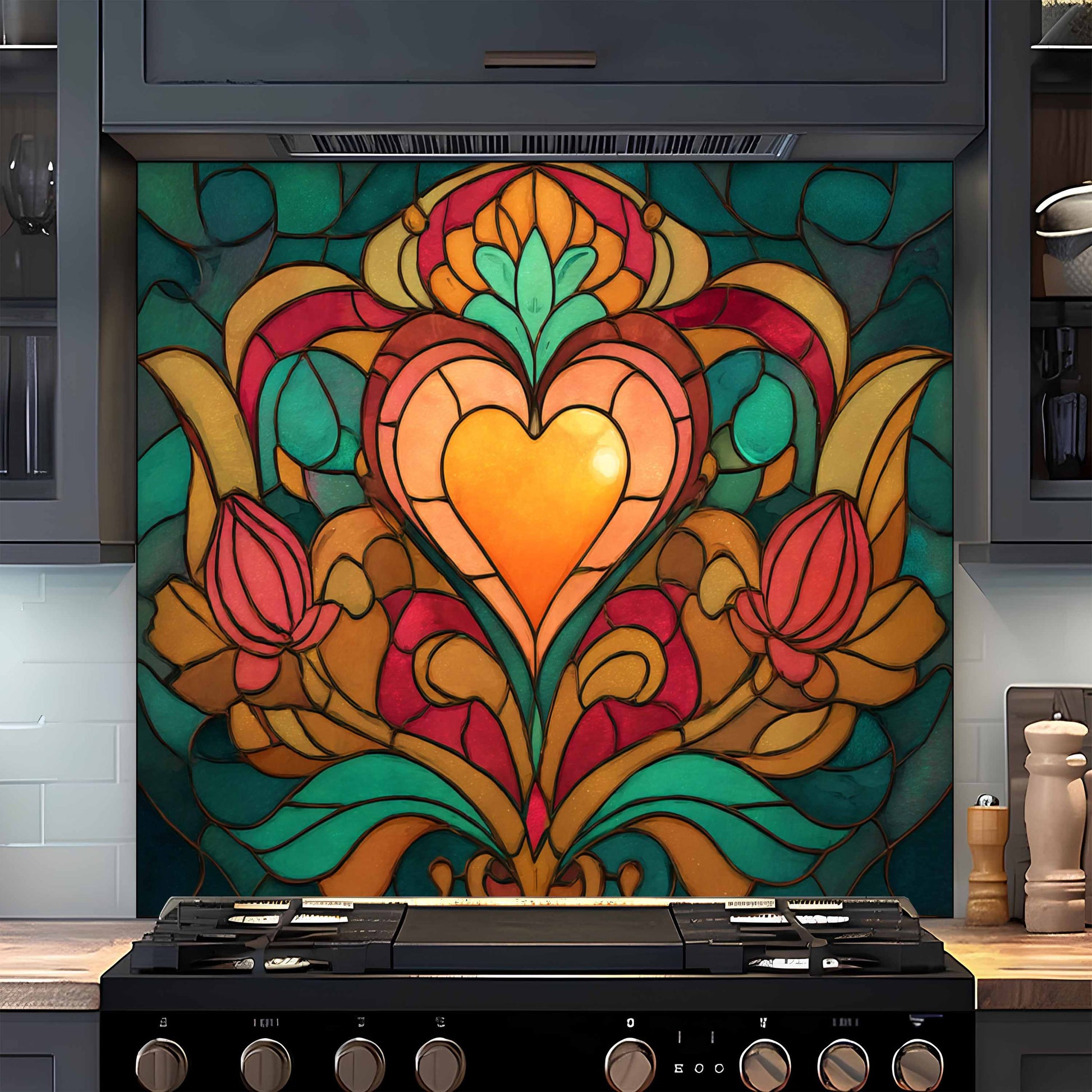 Decorative backsplash with colorful heart design above a stove in a kitchen.