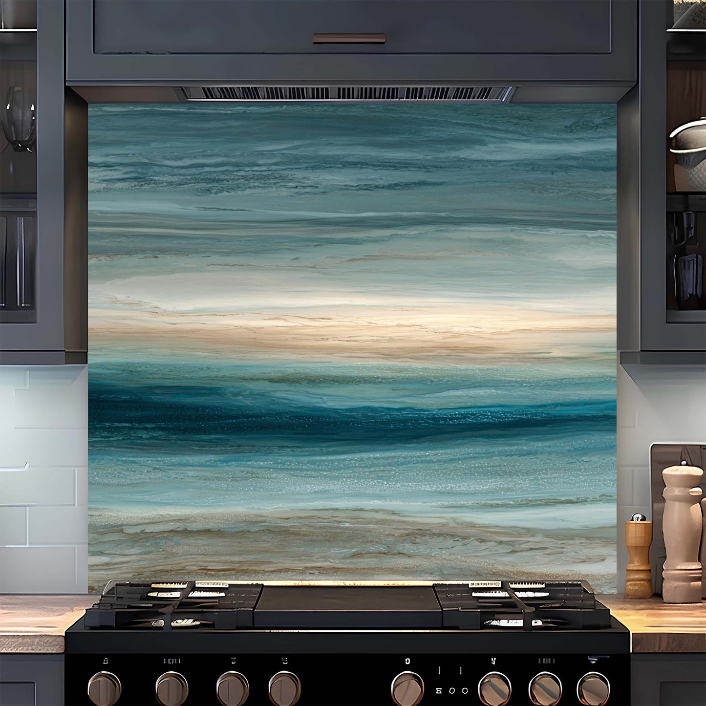 Kitchen with a decorative glass backsplash featuring a beach scene.
