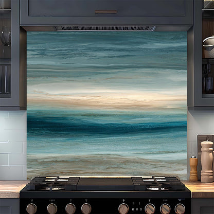 Kitchen with a decorative glass backsplash featuring a beach scene.