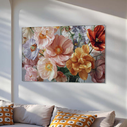 Floral painting on a wall above a sofa with patterned cushions.