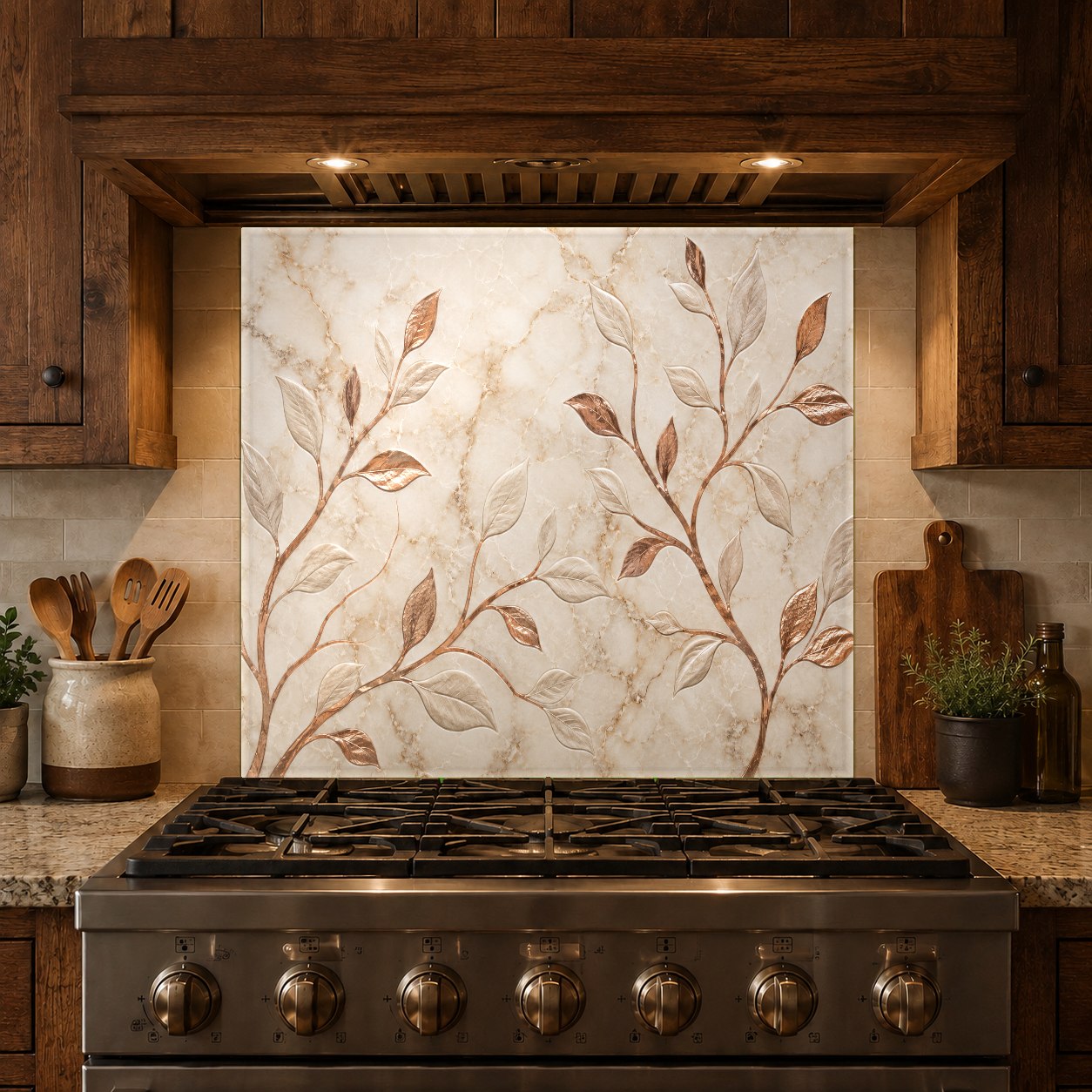 Designer glass backsplash panel featuring metallic copper leaves in a contemporary kitchen