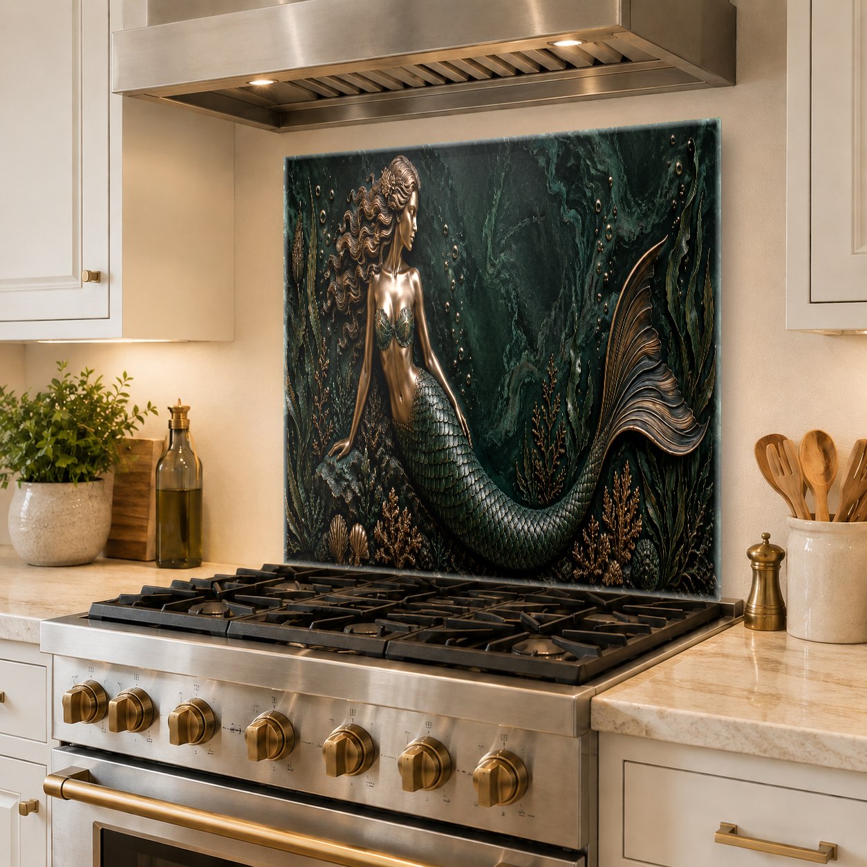 Coastal-themed kitchen featuring a blue mermaid glass backsplash behind a professional range stove.