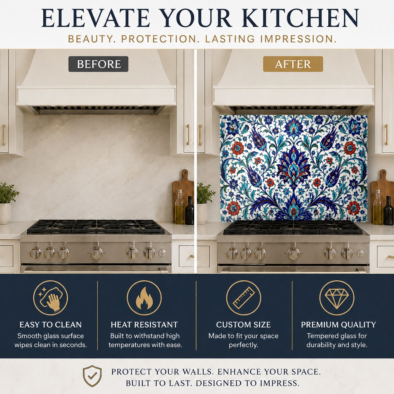 Elegant Mediterranean style glass backsplash panel with vibrant floral motifs mounted behind a sleek kitchen sink.