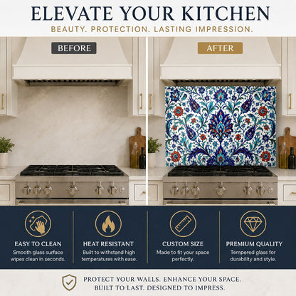 Elegant Mediterranean style glass backsplash panel with vibrant floral motifs mounted behind a sleek kitchen sink.