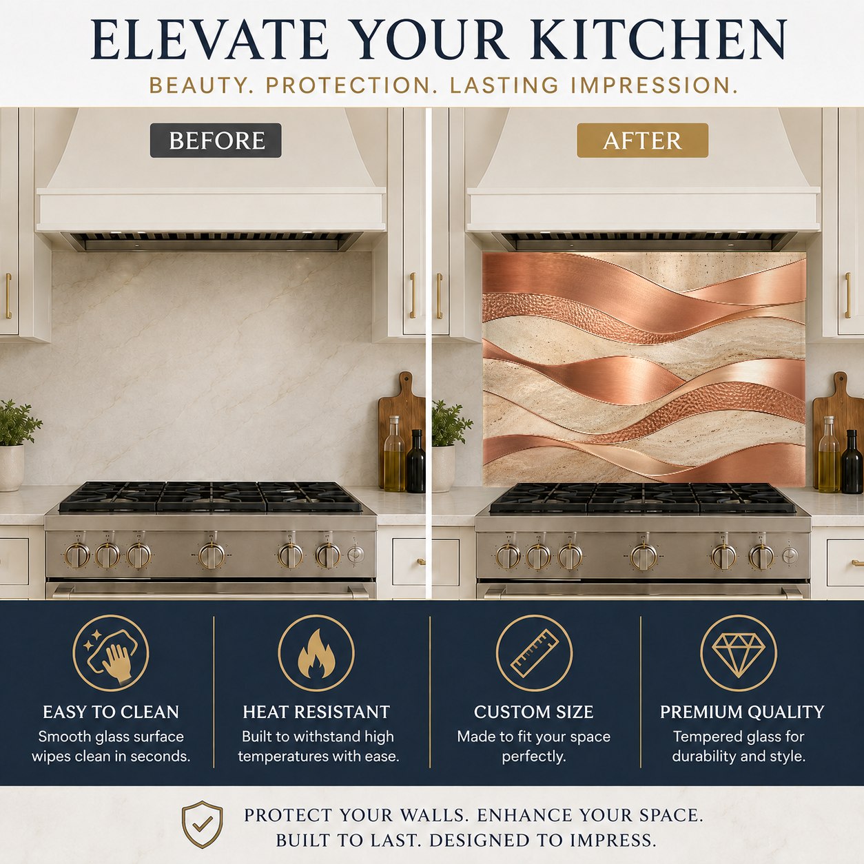 Copper flow glass backsplash protecting the wall behind a kitchen sink and faucet