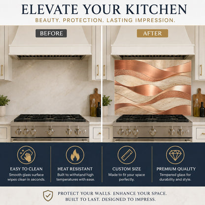 Copper flow glass backsplash protecting the wall behind a kitchen sink and faucet