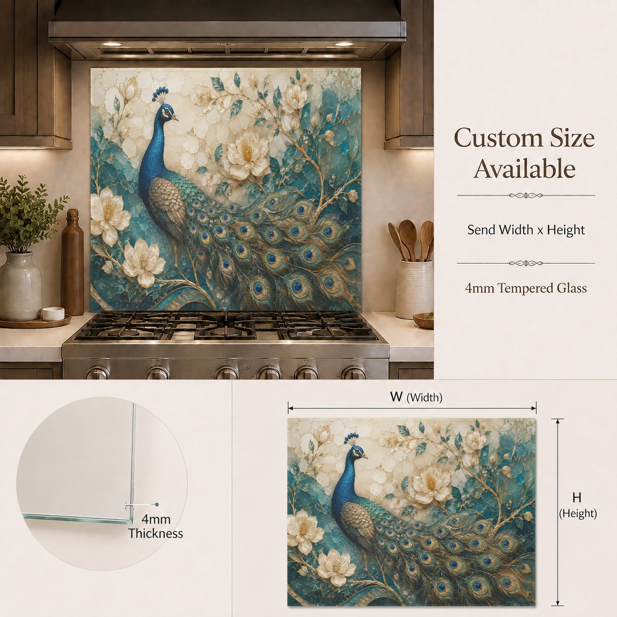 Close-up of the heat-resistant Peacock Elegance tempered glass backsplash panel in a contemporary kitchen.