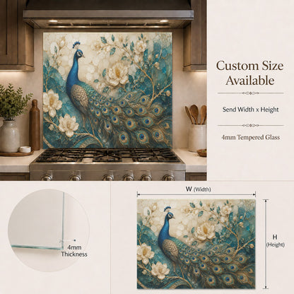 Close-up of the heat-resistant Peacock Elegance tempered glass backsplash panel in a contemporary kitchen.
