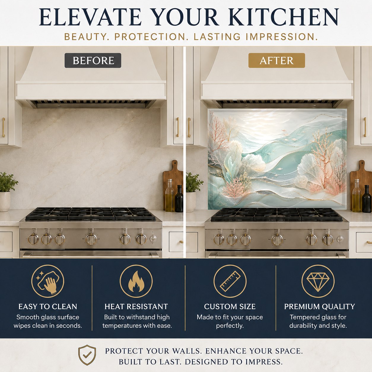 Ocean waves glass kitchen panel displayed on a kitchen island