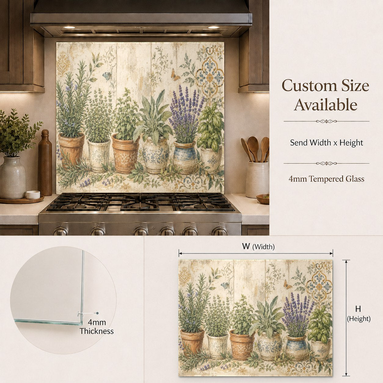 Elegant pot flowers glass backsplash panel serving as a durable wall guard behind a slide-in range.