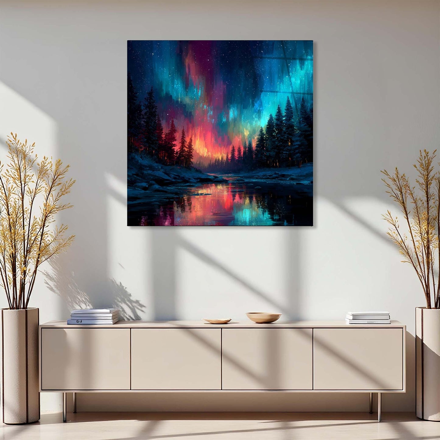 Modern interior with a large abstract painting of a colorful night sky over a forest and lake.