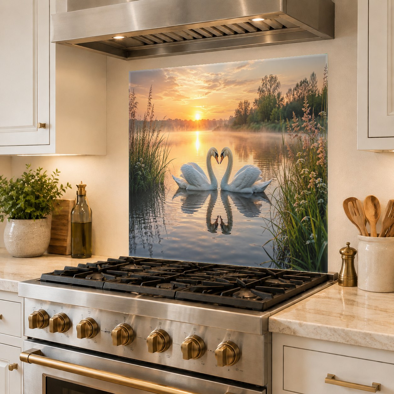 Elegant Love Lake kitchen glass backsplash panel mounted behind a farmhouse sink.