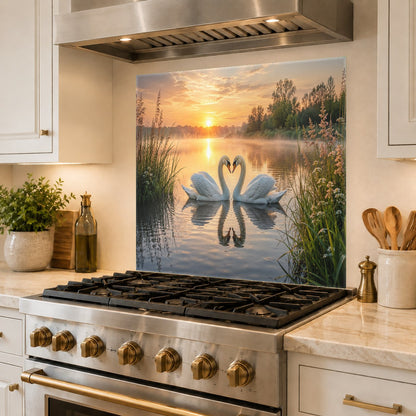 Elegant Love Lake kitchen glass backsplash panel mounted behind a farmhouse sink.